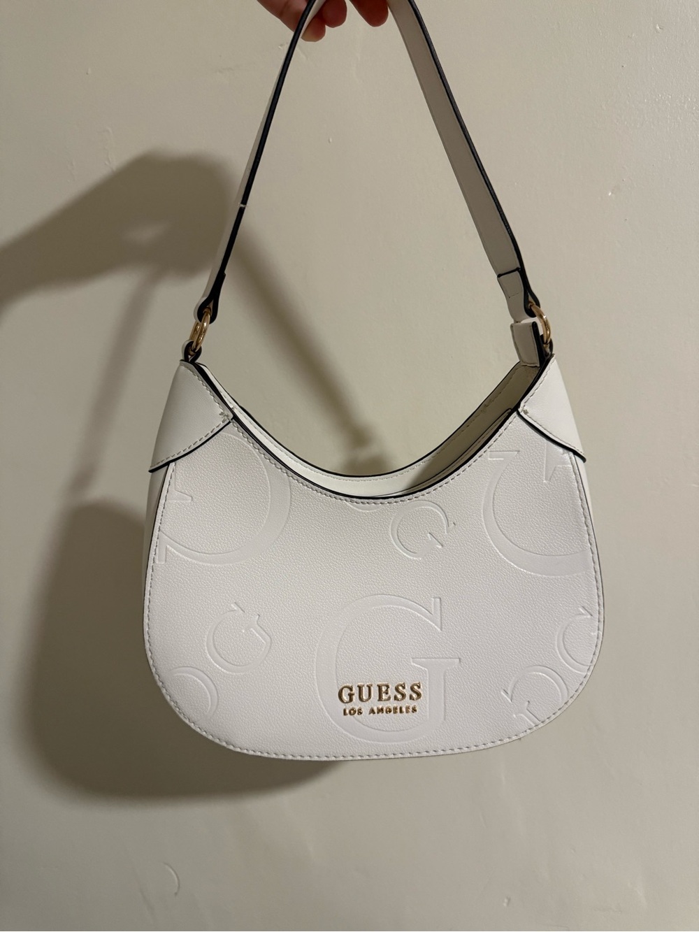 GUESS White Embossed Logo Hobo Shoulder Bag with Gold Hardware